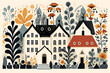 Flat illustration of nordic houses. House Painting Surrounded by Trees and Flowers. Generative AI.