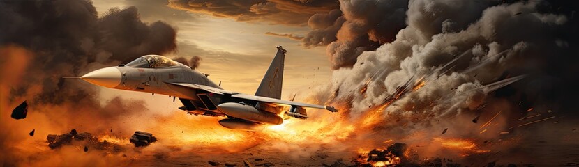 A fighter jet aircraft engaged in warfare, with explosions erupting in the background.