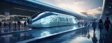 Fototapeta Przestrzenne - A futuristic train gracefully departs from an ultra-modern station, embodying the sleekness of modern transportation.
