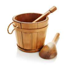 Sauna Bucket And Ladle Isolated On White Background, Space For Captions, Png
