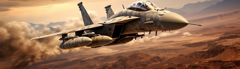 Wall Mural - A fighter jet aircraft engaged in warfare, with explosions erupting in the background.