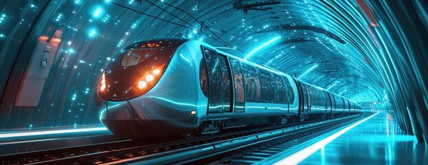 Wall Mural - A futuristic train gracefully departs from an ultra-modern station, embodying the sleekness of modern transportation.