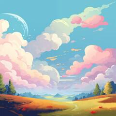 Wall Mural - multicolor sky with fluffy cloud landscape background cartoon