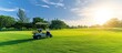 Golf cart car on the fairway of a golf course with fresh green grass and a sky of clouds and trees