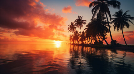 Wall Mural - Amazing sunset on a tropical beach with palm trees.