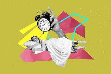 Canvas Print - 3d retro abstract creative artwork template collage of funny female sleeping hand hold clock timer weird freak bizarre unusual fantasy