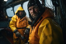 Sailor Together With Crew In Yellow Raincoat Looking At Camera. Close-up Portrait. Wavy Storm Ocean, Rain, Sailors Wear Yellow Raincoats. Courage And Perseverance To Overcome Difficulties