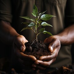 Two hands holding a small plant natural scenery