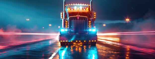 A truck is depicted driving along the road at night, its presence illuminated by the glow of streetlights.