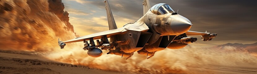 Wall Mural - A scene of combat with a fighter jet aircraft amidst explosions in the backdrop.