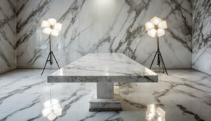 Wall Mural - Empty marble table with a shining beam of light to highlight object. Luxury background for product with studio spotlight 