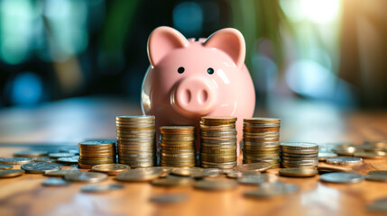 Canvas Print - A piggy bank surrounded by progressively larger stacks of coins, symbolizing savings goals