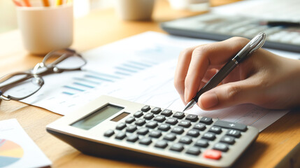 Canvas Print - Hand using a calculator on a desk with blank paper, emphasizing a minimalist approach to budgeting and financial calculations