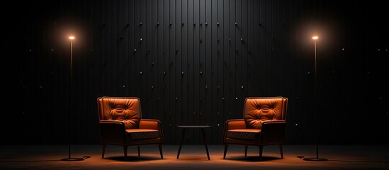 Wall Mural - A setup featuring two chairs in a podcast or interview room, inviting dialogue and conversation.