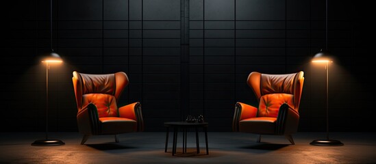 Wall Mural - The podcast or interview room is arranged with two chairs, poised for engaging discussions and interviews.