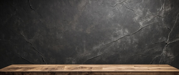 empty wooden table for product display with dark cracked wall background