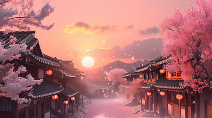 illustration of valentine day decoration in old korean village in the morning with sun and cloudy sky with pink tree and red lantern