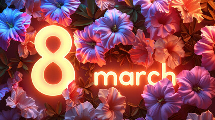 Wall Mural - Postcard for March 8, International Women's Day, white number 8 on a background of flowers, illuminated