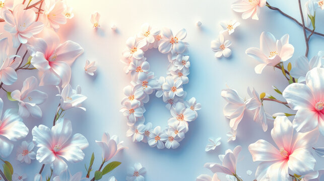 Postcard for March 8, International Women's Day, white number 8 on a background of flowers, illuminated