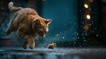 A Cat Chasing A Mice, Dynamic Action, Jumping, Splashes Of Dust, Nature Photography, Raking Light, Blue Lights In The Background