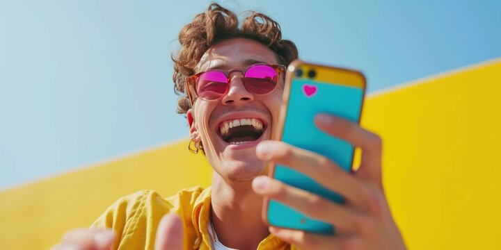 A cute young blogger, vlogger, or influencer receives emojis and reaction emoticons on his mobile smartphone device while posting