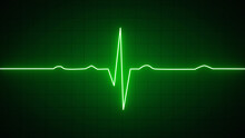 Glowing Green Neon Heartbeat Pulse Rate Line. Health And Medical Concept. EKG Pulse Wave, Cardiogram And Rhythm