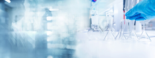 Wall Mural - hand of scientist with blue glove holding stiring rod in flask in medical chemistry lab banner backg