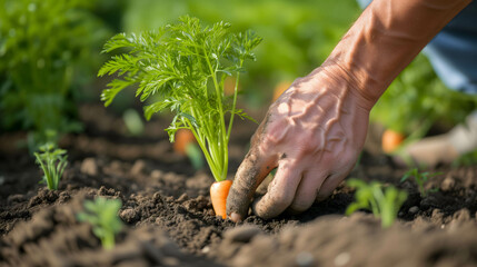 hand of farm worker is planting carrot, organic and quality product from farmer