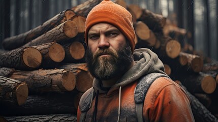 Portrait of lumberjack fells trees, cuts them into logs, or transports them to a sawmill in the wood, hard work profession