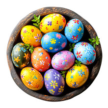 Colorful Painted Easter Eggs In A Brown Wooden Bowl, Top View, Isolated On A Transparent Background