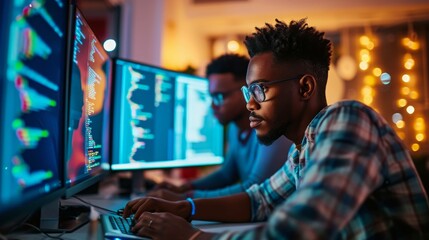 Young male programmer writing program code sitting at the workplace with in the office