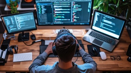 Young male programmer writing program code sitting at the workplace with in the office