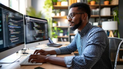 Young male programmer writing program code sitting at the workplace with in the office