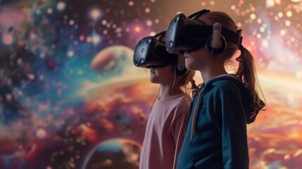 Two kids having fun play VR virtual reality glasses sport game metaverse 3D cyber space futuristic neon colorful background, future digital technology game and entertainment