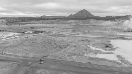 Poster - Aerial view of Blue lake made from water coming out of geothermal power plant from above, Iceland