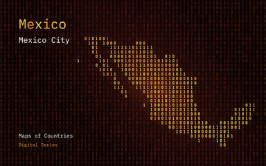 Mexico Gold Map Shown in Binary Code Pattern. TSMC. Blue Matrix numbers, zero, one. World Countries Vector Maps. Digital Series	