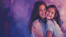 Mother And Daughter Painted Illustration Against A Purple Background. International Women's Day Banner. Mother's Day Art.