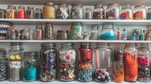 Photograph Of Seven Shelves Full Of Glass Jars And Jars Of Different Sizes Filled With Threads, Buttons, Marbles, Stones, Sand And Other Objects.   