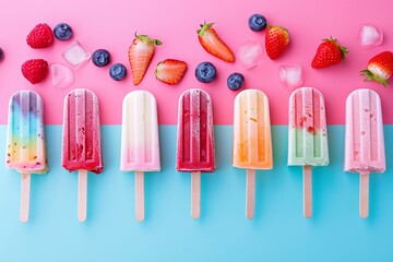 Wall Mural - Assorted fruit popsicles on a pink background with fresh berries.