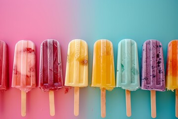 Wall Mural - Colorful fruit popsicles on a pink and blue background, summer refreshment concept.