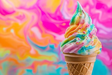 Wall Mural - Colorful unicorn ice cream cone on a vibrant abstract background.