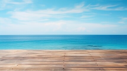 Poster - Wood table top on blur beach background