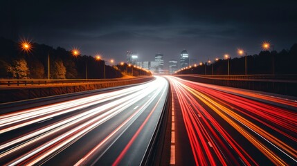 Car light trails on the road at night. Long exposure