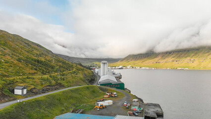 Canvas Print - Aerial view of Seydisfjordur, a small town by the fjords at the northeast part of Iceland