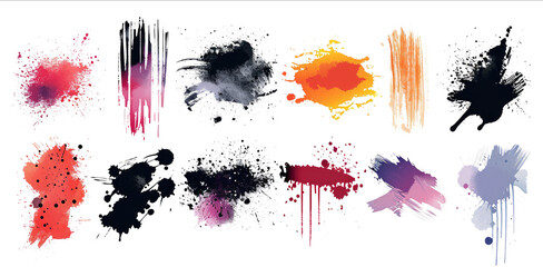 Poster - Set of paint brush stroke, ink splatter and artistic design elements