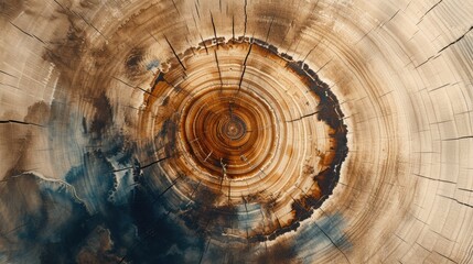 Wall Mural - Generative AI, Abstract watercolor wood stump rings or circles. Drawn poster design with blue, brown and beige colors. 