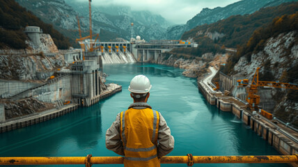 a dam engineering doing his checking routine. he is wearing a white hard hat and yellow transparent 