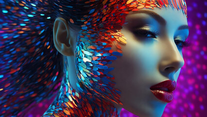 cascade of colorful binary code, forming the silhouette of a captivating woman, The dynamic lines and patterns, reminiscent of a digital dance, weave together to create a harmonious fusion 