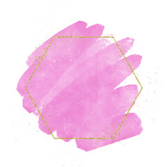 Poster - Hand painted pink watercolour background with glittery gold hexagonal frame