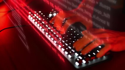 A freelancer is immersed in coding in a dark room with red lights. The lines of code in red, creating a dramatic and intense atmosphere. The freelancer’s passion, and focus in programming.